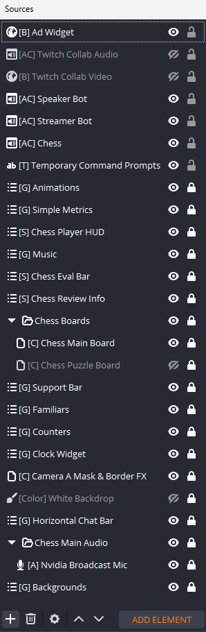 a screenshot of a computer screen with a bunch of different types of obs sources