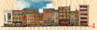 a painting of London china town, cityscape of a city
