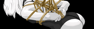 a woman drawing is tied up with shibari 