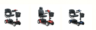 Three types of mobility scooters for rent: a compact travel scooter, a robust long-range model, and 
