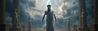 a man, Zeus, in a white robe standing in front of a lightning bolt bolt bolt