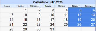 Calendario 80 horas doblaje en fin de semana  julio 2025