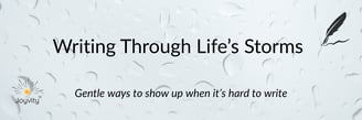 Raindrops on glass with title about writing through hard days in a gentle tone