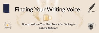 Banner for blog “Finding Your Writing Voice” with journal, candle, pen, and mug.