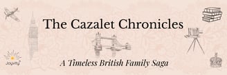 Vintage banner for “The Cazalet Chronicles” with British icons and floral background.