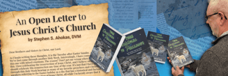 An open letter to Jesus Christ's Church by Stephen S. Ahokas, featuring book covers and background textual elements.