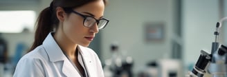 A man wearing a white lab coat is sitting on a stool and looking through a microscope in a laboratory. The laboratory is equipped with various scientific instruments, books, and filing cabinets. The surroundings are tidy with neatly arranged shelves filled with books and papers.