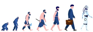 a man in a suit and tie is walking in a line of people. Human evolution from monkey to a modern man