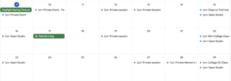 Calendar for March events and classes