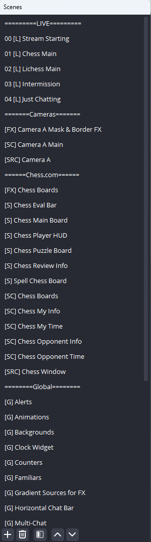 a computer screen showing a list of the different types of obs scenes