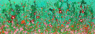a painting of a field with flowers and trees