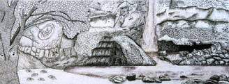 Ink and watercolor artwork of a fetus attached to a tree next to a waterfall