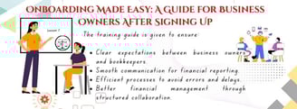 Guide titled 'ONBOARDING MADE EASY: A GUIDE FOR BUSINESS OWNERS AFTER SIGNING UP.' Features illustra