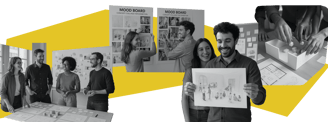 Das Team erforscht erste Ausstellungskonzepte anhand von Skizzen, Modellen und visuellen Storyboards