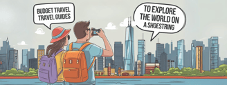 a man and woman taking pictures of a city
