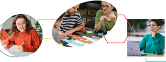 a collage of a group of people sitting at a table