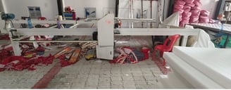 a room with a lot of red and white furniture