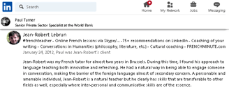 Example 6 of LinkedIn recommendations written for French teacher Jean-Robert Lebrun