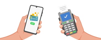 a person holding a cell phone with a credit card