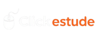 logotipo da clickestude, com um mouse de computador e o nome da empresa em branco e laranja