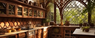 a kitchen with a brick wall and a brick wall