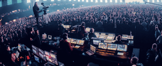 Une équipe de technicien et un grand groupe de personnes se tenant autour d'une grande salle