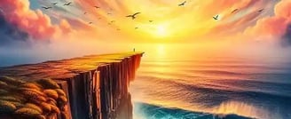 Promontoir rocheux s'avacçant dans la mer et coucher de soleil avec oiseaux dans le ciel orange
