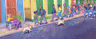 Illustrations from Bruno & Frida Go To Mardi Gras by New Orleans artist Melissa Vandiver.