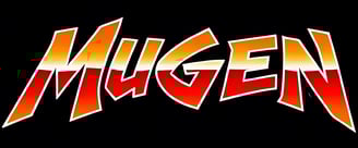 Stylized MUGEN logo with bold gradient letters transitioning from orange to red, outlined in white, set against a contrasting