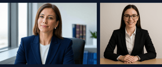 Two professionals dressed appropriately for a virtual interview, sitting at a table