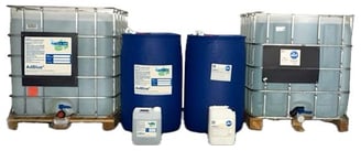 a group of three large drums with a blue drum