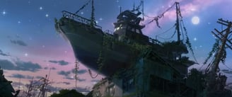 screenshot from suzume, a boat rests on a house in the ever-after