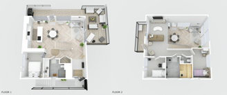 PLUS 3D floor plan of floors 1 and 2 with realistic materials and furniture.