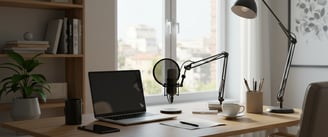Professional Remote Interview Environment, computer on desk with mic and light