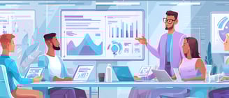 Data Analyst presenting findings with visuals on a board