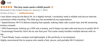positive 5 star review of GL.iNet GL-MT3000 (Beryl AX) Portable Travel Router about speed, compact 