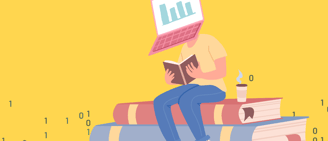 computer headed person studying books