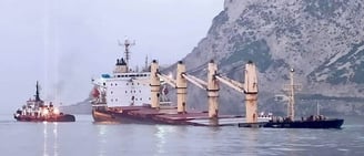 buque de carga sobre orilla con montaña de fondo