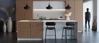 3D rendering of modern minimalist kitchen: clean lines, wood cabinetry, white countertop, black stools, and pendant lights.