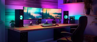 Setup gamer/trabalho com uma mesa com dois monitores, um pc, um teclado e duas caixas de som em um ambiente bem minimalista.