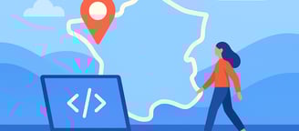 Illustration représentant une carte de France avec un point de localisation, une personne marchant v
