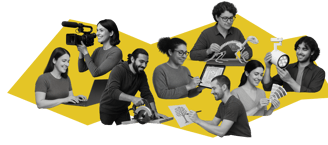 Collage of diverse team members working across design, media, tech, and lighting.