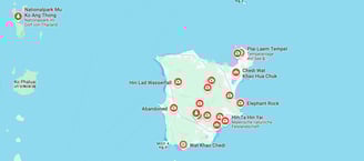 Map of photo shoot locations on the island of Samui, Thailand.