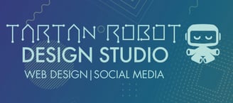 a brand logo with a little floating robot
