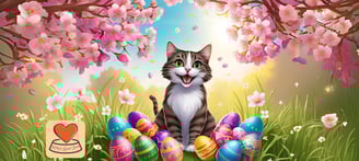 happy cat surrounded by colourful easter eggs at Kitty's rawr store
