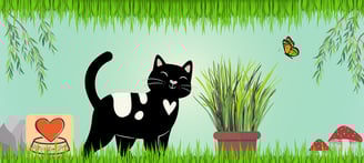 A HAPPY CAT WITH A POT OF CAT GRASS AT KITTY'S RAWR STORE
