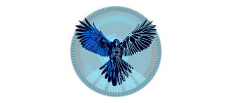 Valravn Studios Logo. A mythical raven, one half of its body illuminated like circuitry, Digital.