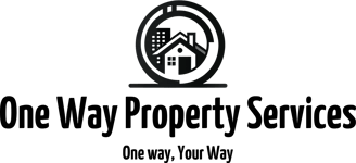 a logo of a company "one way property services a circle with a building and house in center