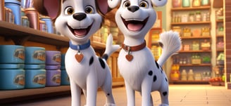 two dogs are standing next to each other in a store