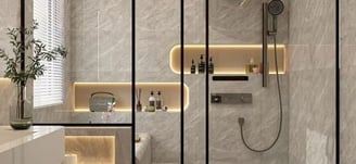 a bathroom with a shower and a bench